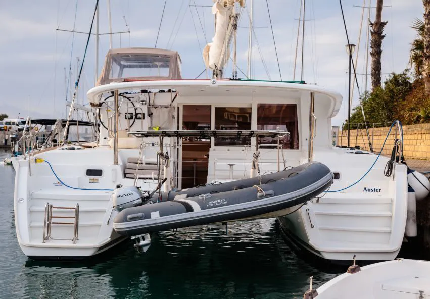 Exterior view of Auster, a Lagoon 400 S2 catamaran at Punta Ala, Italy