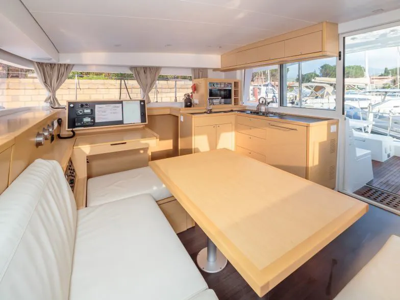 Salon of Auster, a Lagoon 400 S2 catamaran at Punta Ala, Italy