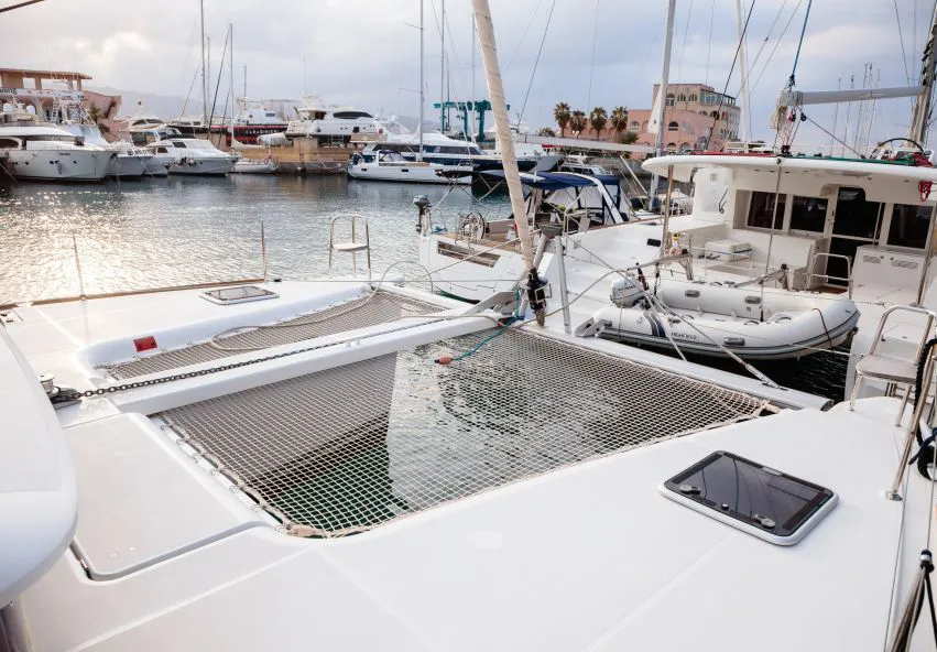 Deck of Auster, a Lagoon 400 S2 catamaran at Punta Ala, Italy
