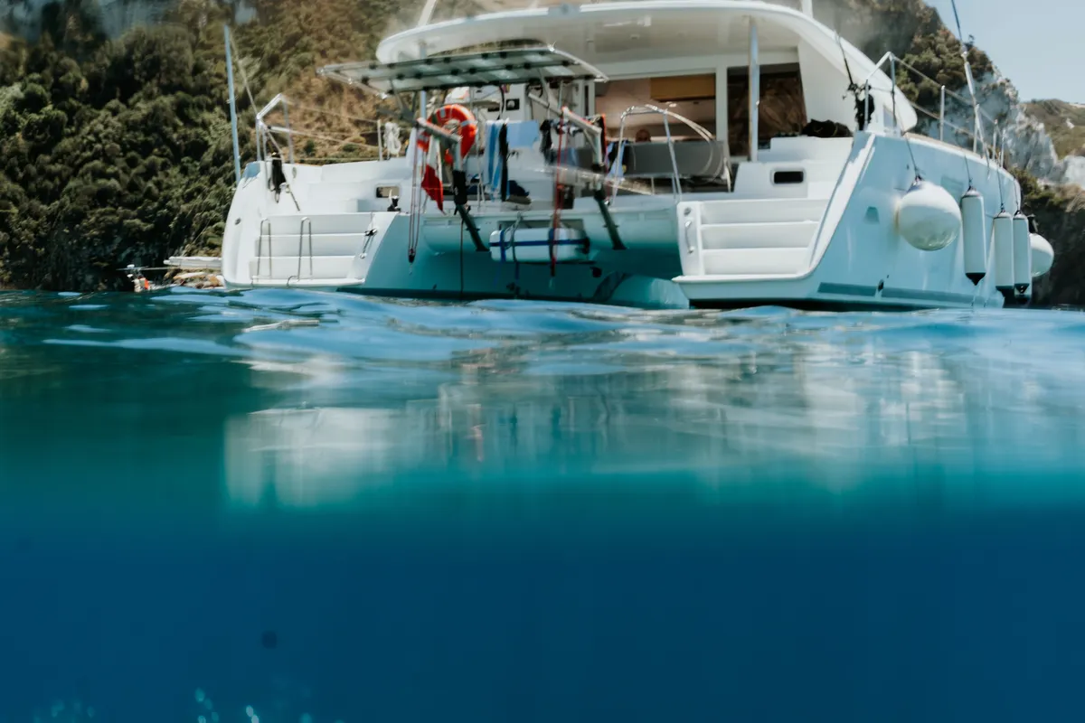 Exterior view of Auster, a Lagoon 400 S2 catamaran at Punta Ala, Italy