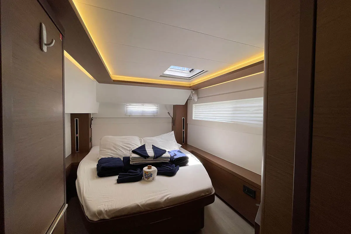 Cabin on No Regrets, a Lagoon 46 catamaran at Athens, Greece