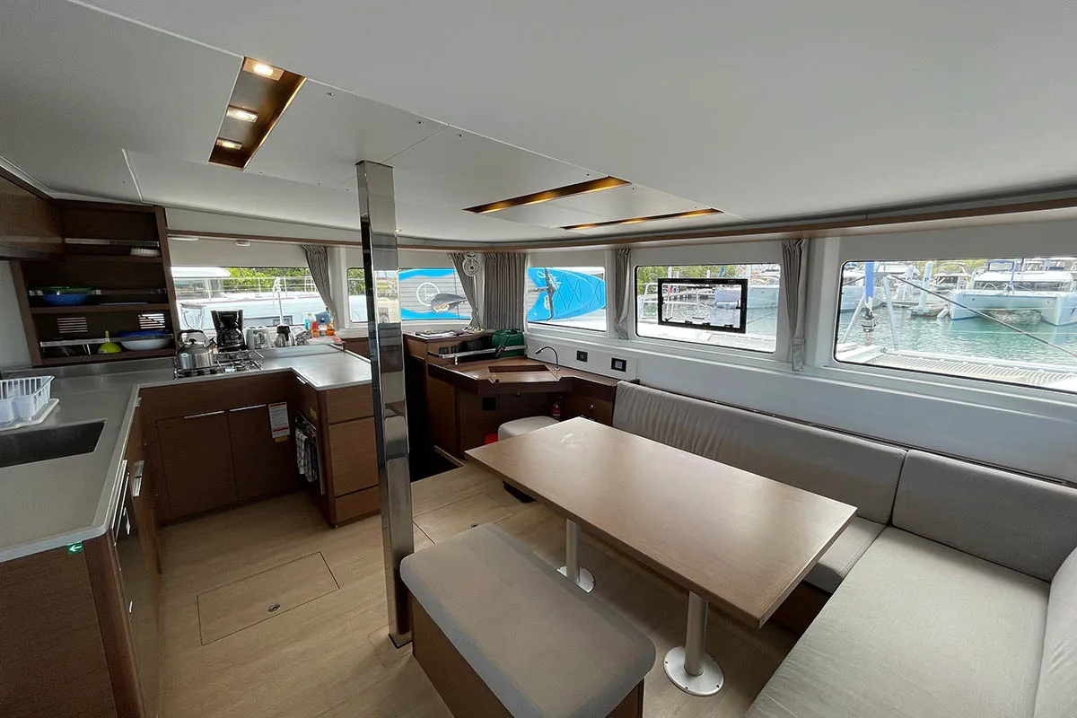 Salon of No Regrets, a Lagoon 46 catamaran at Athens, Greece