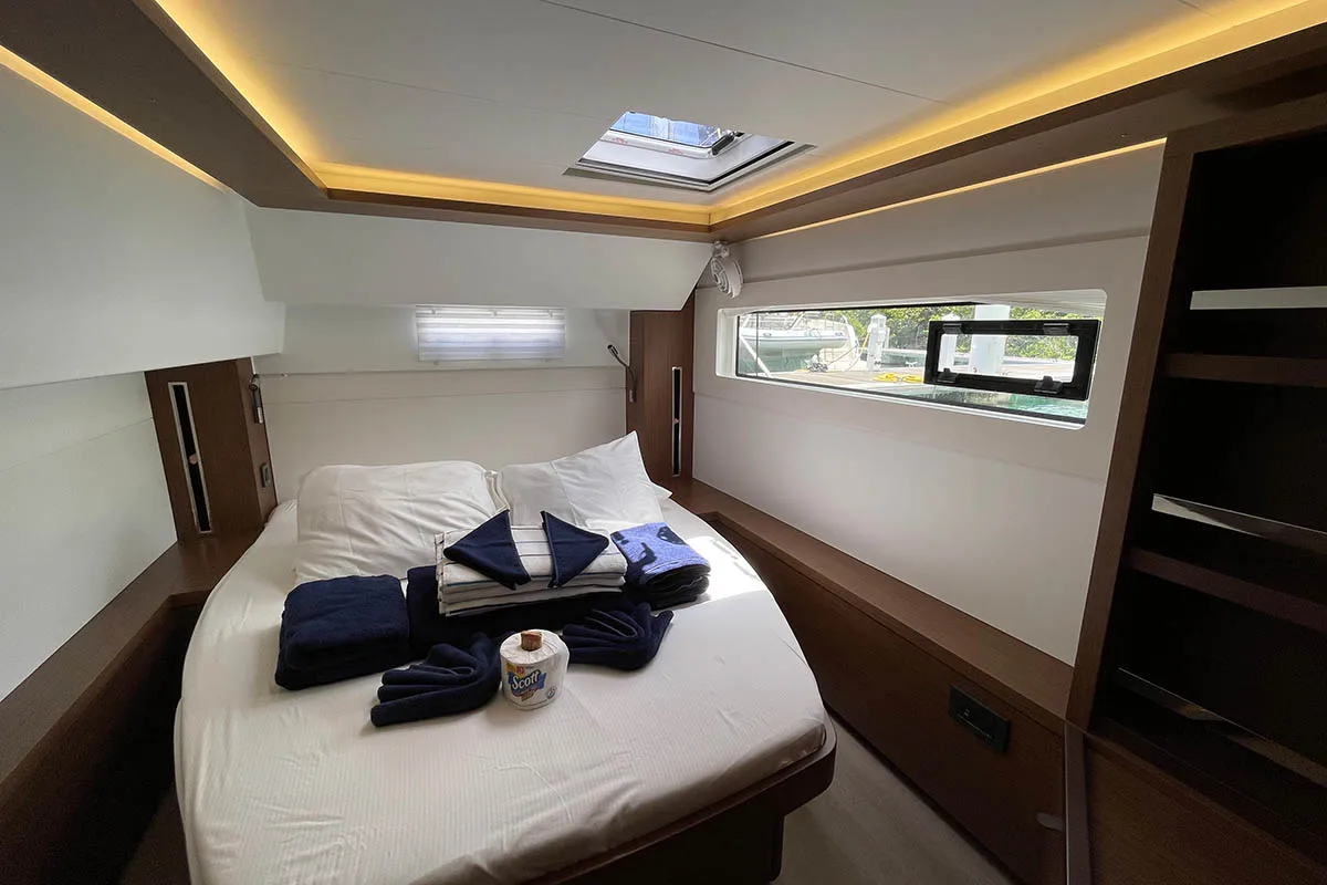 Cabin on No Regrets, a Lagoon 46 catamaran at Athens, Greece