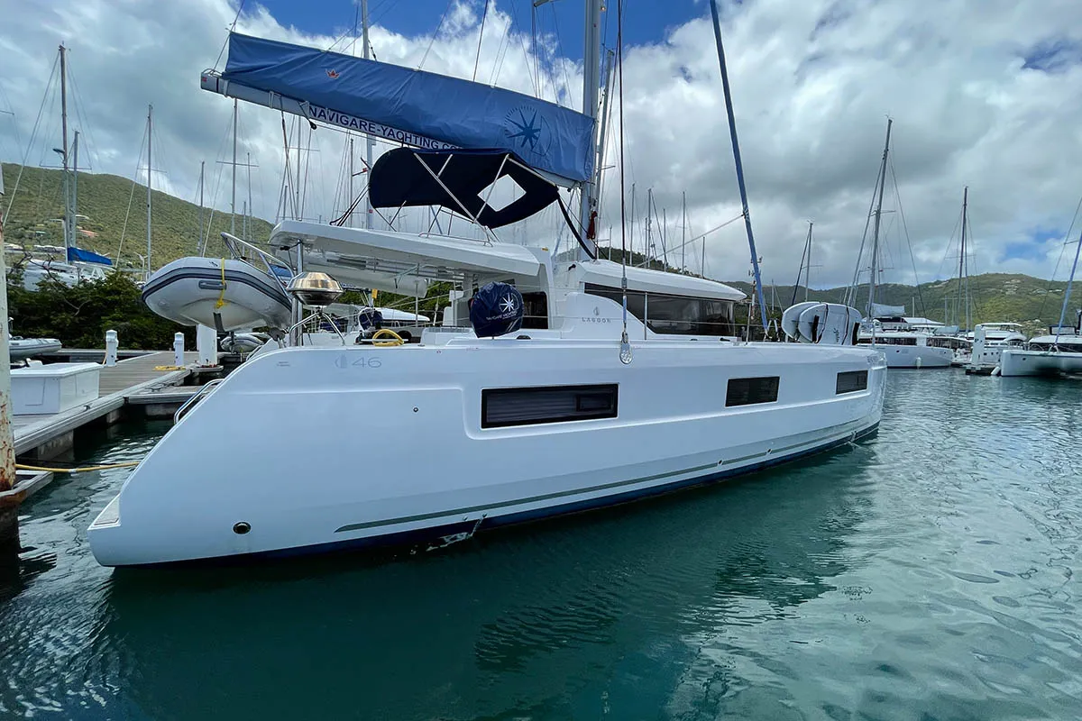 Exterior view of No Regrets, a Lagoon 46 catamaran at Athens, Greece