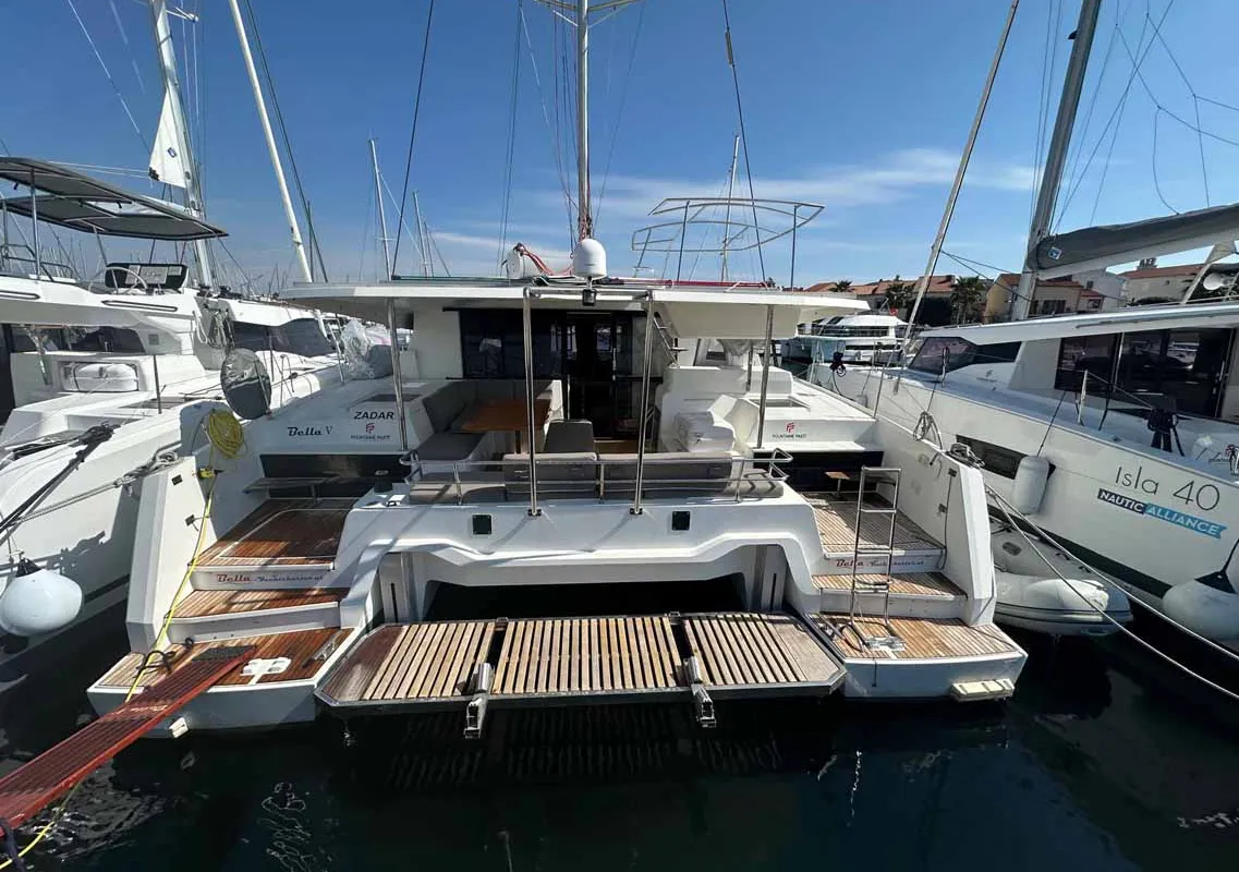 Exterior view of Bella V, a Fountaine Pajot Astrea 42 catamaran at Grad Biograd na Moru, Croatia