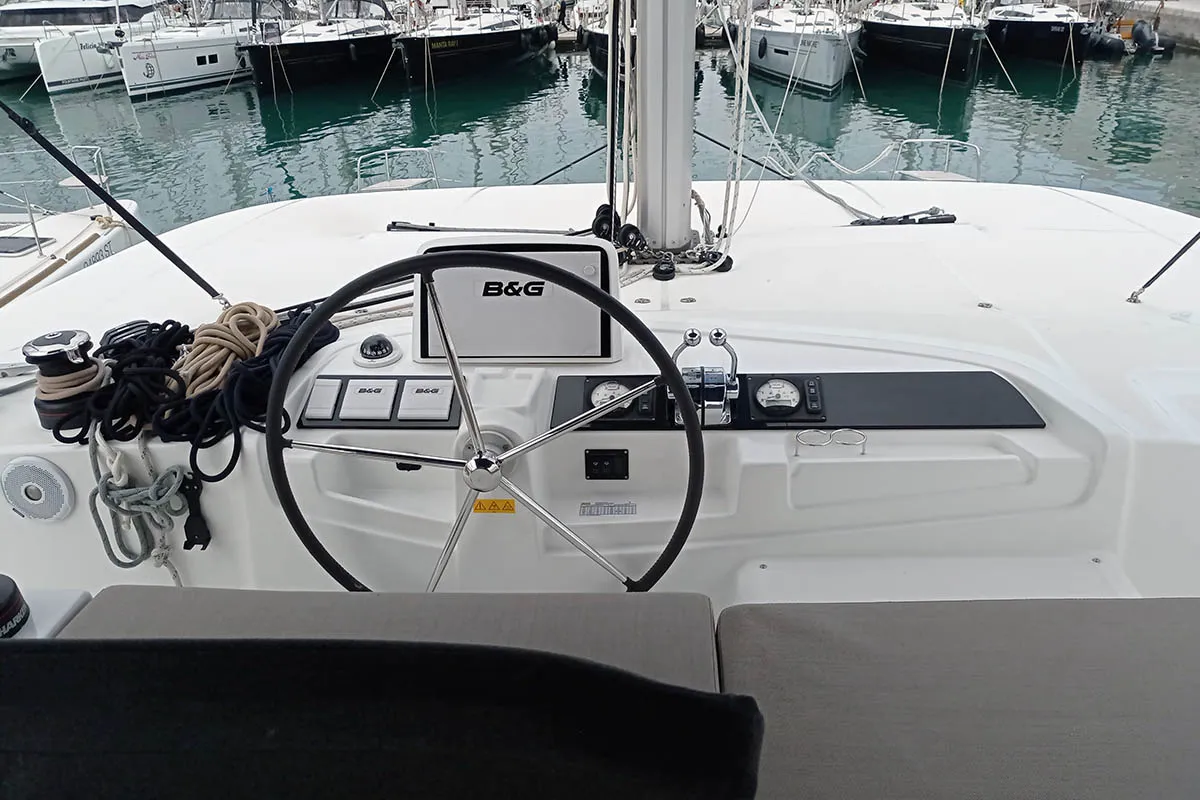 Cockpit of Genie, a Lagoon 46 catamaran at Seget Donji, Croatia
