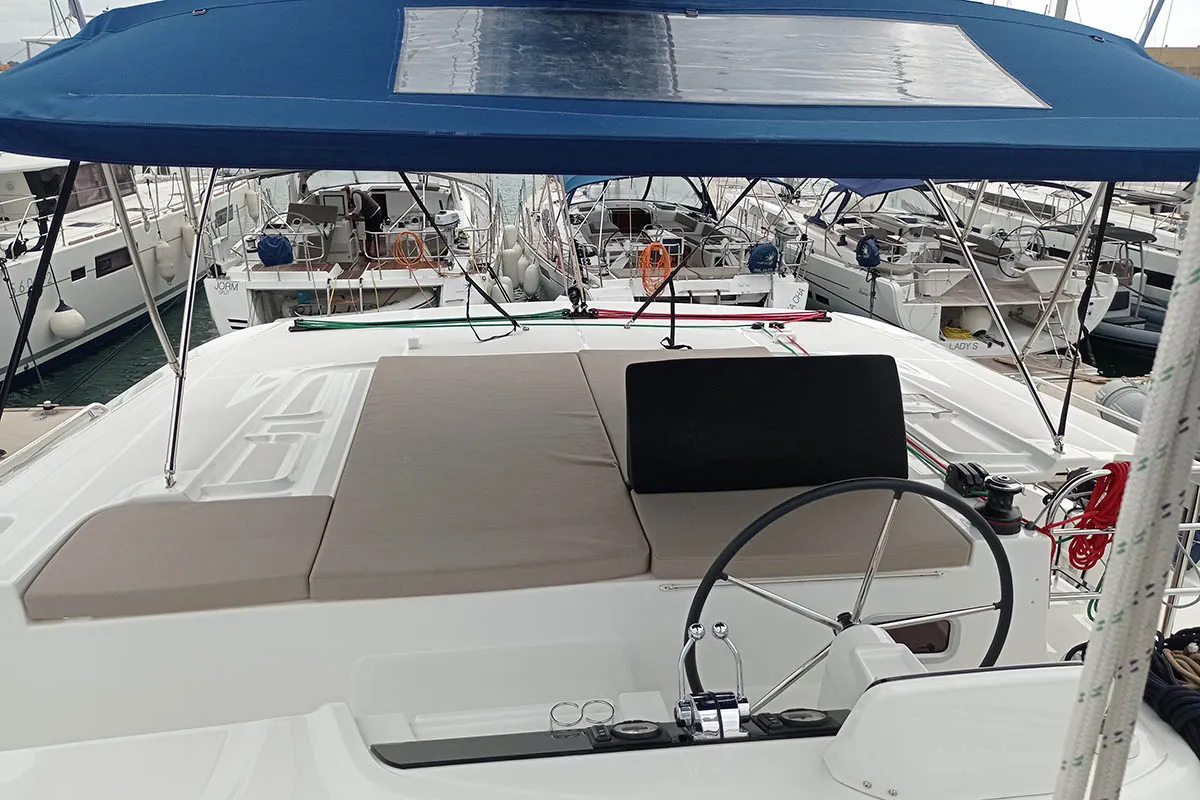 Cockpit of Genie, a Lagoon 46 catamaran at Seget Donji, Croatia