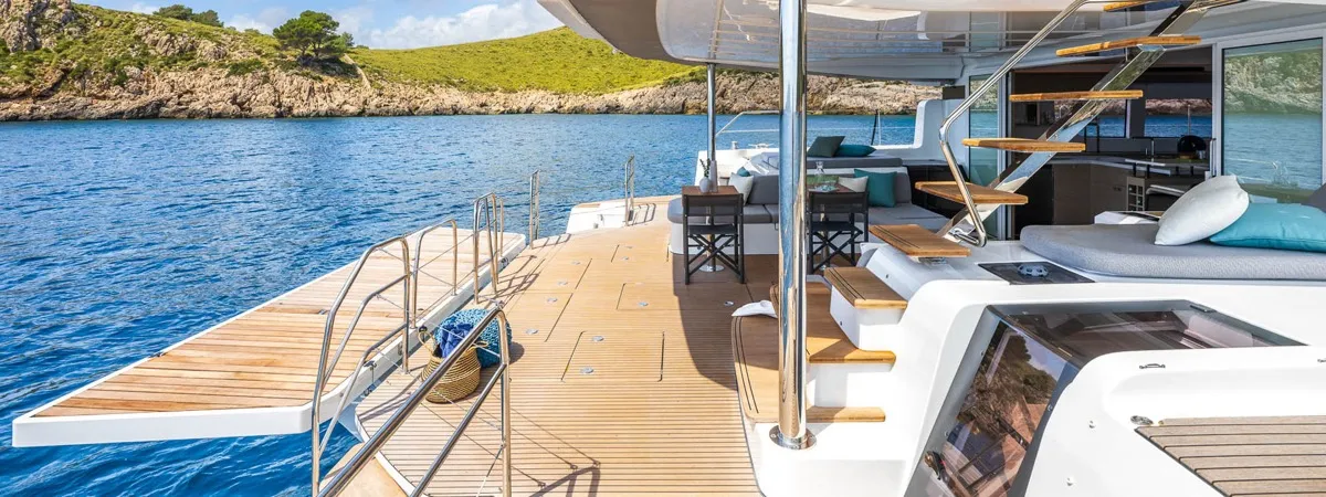 Deck of Montecristo - FIRST CLASS, a Lagoon 60 catamaran at Olbia, Italy