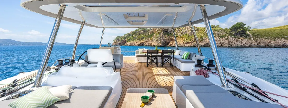 Cockpit of Montecristo - FIRST CLASS, a Lagoon 60 catamaran at Olbia, Italy