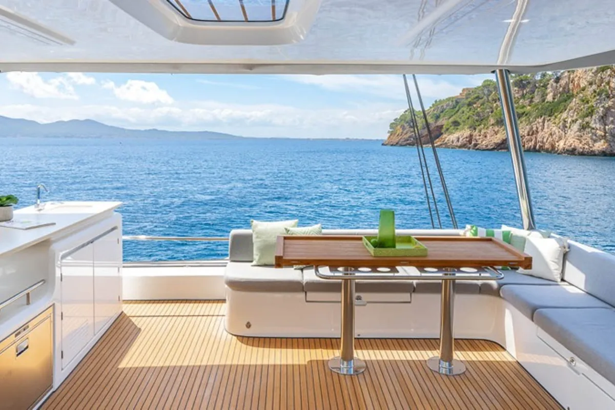 Deck of Montecristo - FIRST CLASS, a Lagoon 60 catamaran at Olbia, Italy