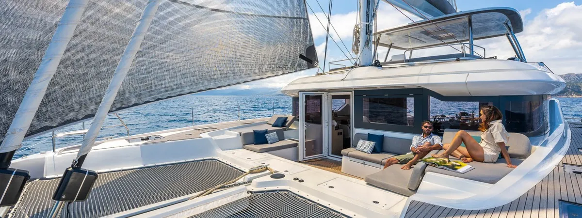 Deck of Montecristo - FIRST CLASS, a Lagoon 60 catamaran at Olbia, Italy