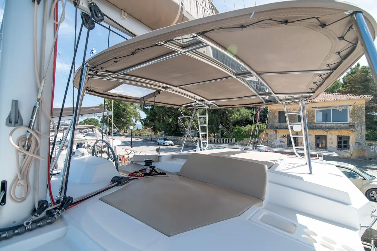 Deck of Sinope, a Bali 4.1 catamaran at Preveza, Greece