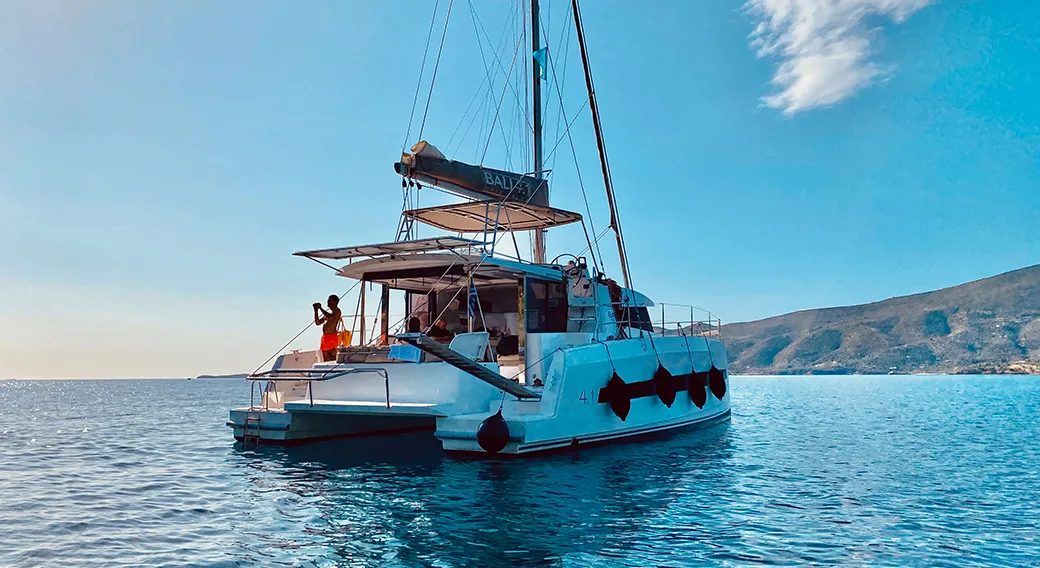Exterior view of Sinope, a Bali 4.1 catamaran at Preveza, Greece