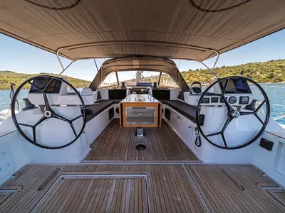 Cockpit of Barmaley, a Dufour 56 Exclusive sailboat at Primošten, Croatia