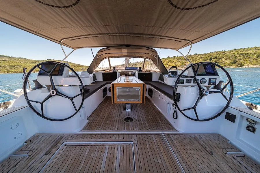 Cockpit of Barmaley, a Dufour 56 Exclusive sailboat at Primošten, Croatia