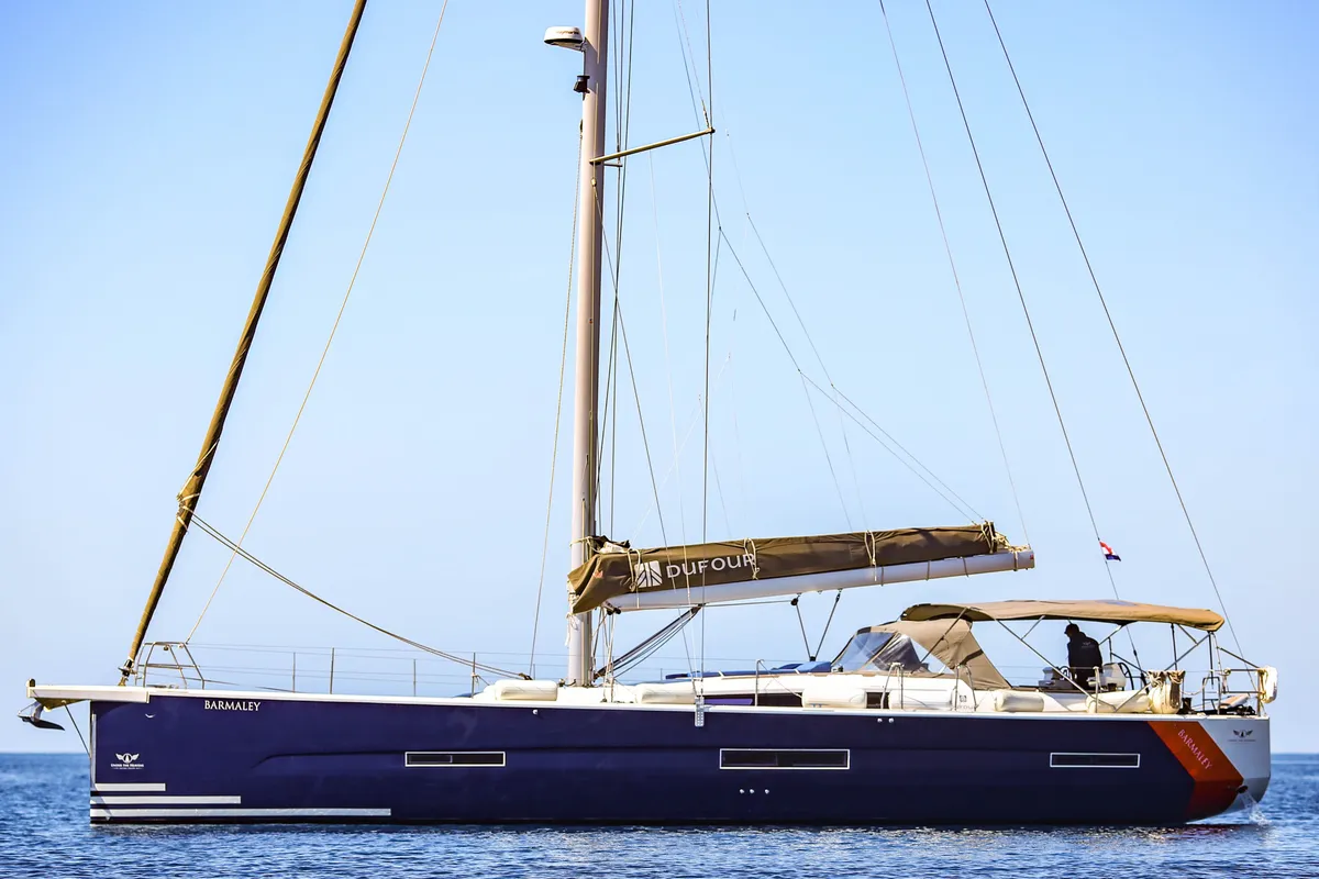 Exterior view of Barmaley, a Dufour 56 Exclusive sailboat at Primošten, Croatia