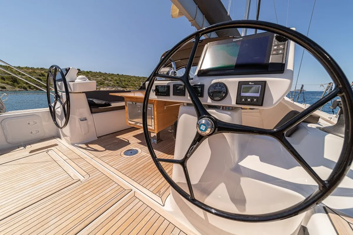 Cockpit of Barmaley, a Dufour 56 Exclusive sailboat at Primošten, Croatia