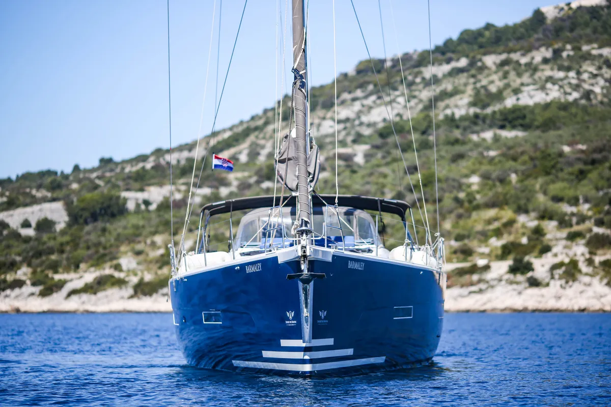 Exterior view of Barmaley, a Dufour 56 Exclusive sailboat at Primošten, Croatia