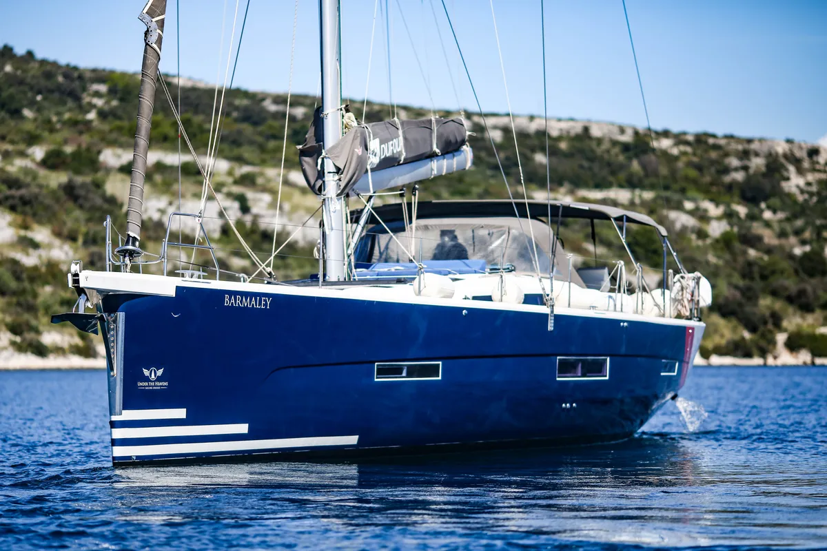 Exterior view of Barmaley, a Dufour 56 Exclusive sailboat at Primošten, Croatia
