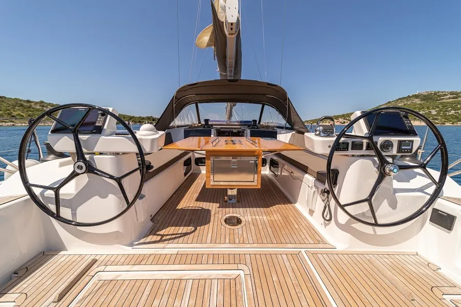 Cockpit of Barmaley, a Dufour 56 Exclusive sailboat at Primošten, Croatia