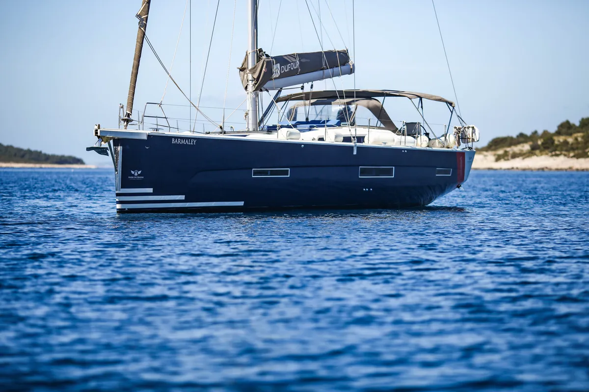 Exterior view of Barmaley, a Dufour 56 Exclusive sailboat at Primošten, Croatia