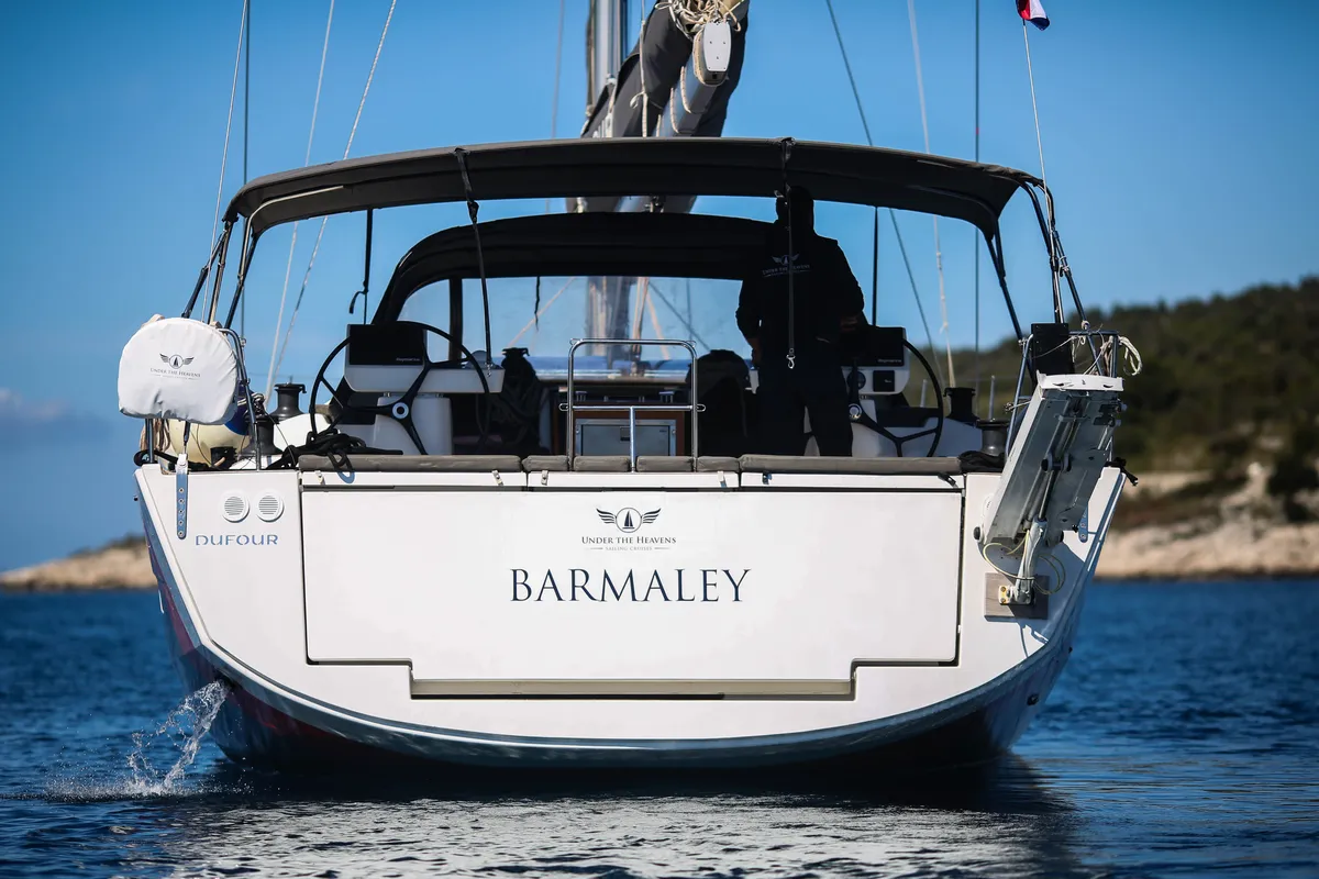 Exterior view of Barmaley, a Dufour 56 Exclusive sailboat at Primošten, Croatia
