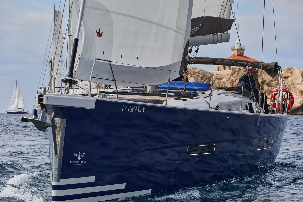 Exterior view of Barmaley, a Dufour 56 Exclusive sailboat at Primošten, Croatia