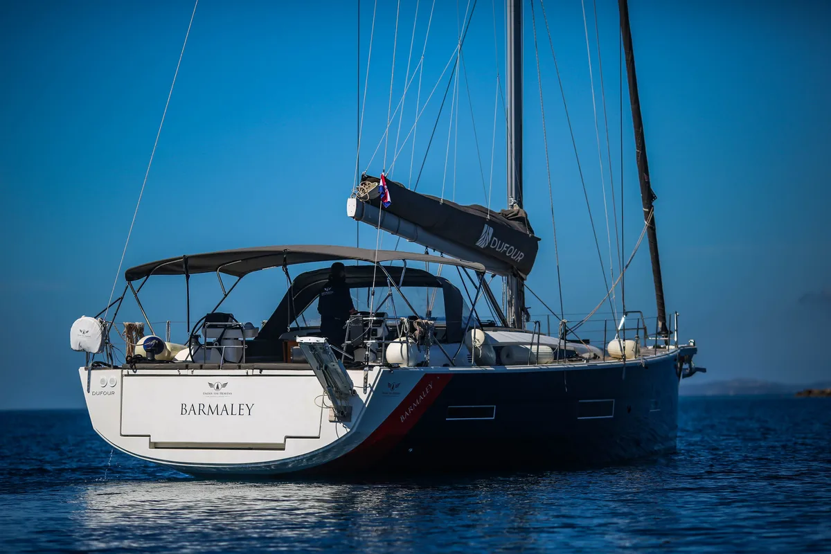 Exterior view of Barmaley, a Dufour 56 Exclusive sailboat at Primošten, Croatia