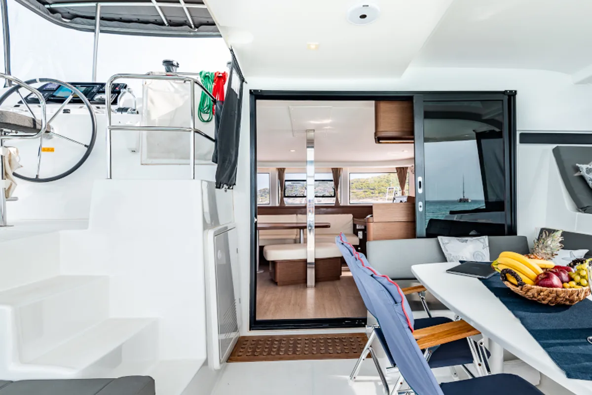 Deck of Beauty L A/C-GEN-WATER MAKER-SOLAR-ELEC.WC, a Lagoon 42 catamaran at Athens, Greece