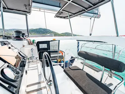 Cockpit of Beauty L A/C-GEN-WATER MAKER-SOLAR-ELEC.WC, a Lagoon 42 catamaran at Athens, Greece