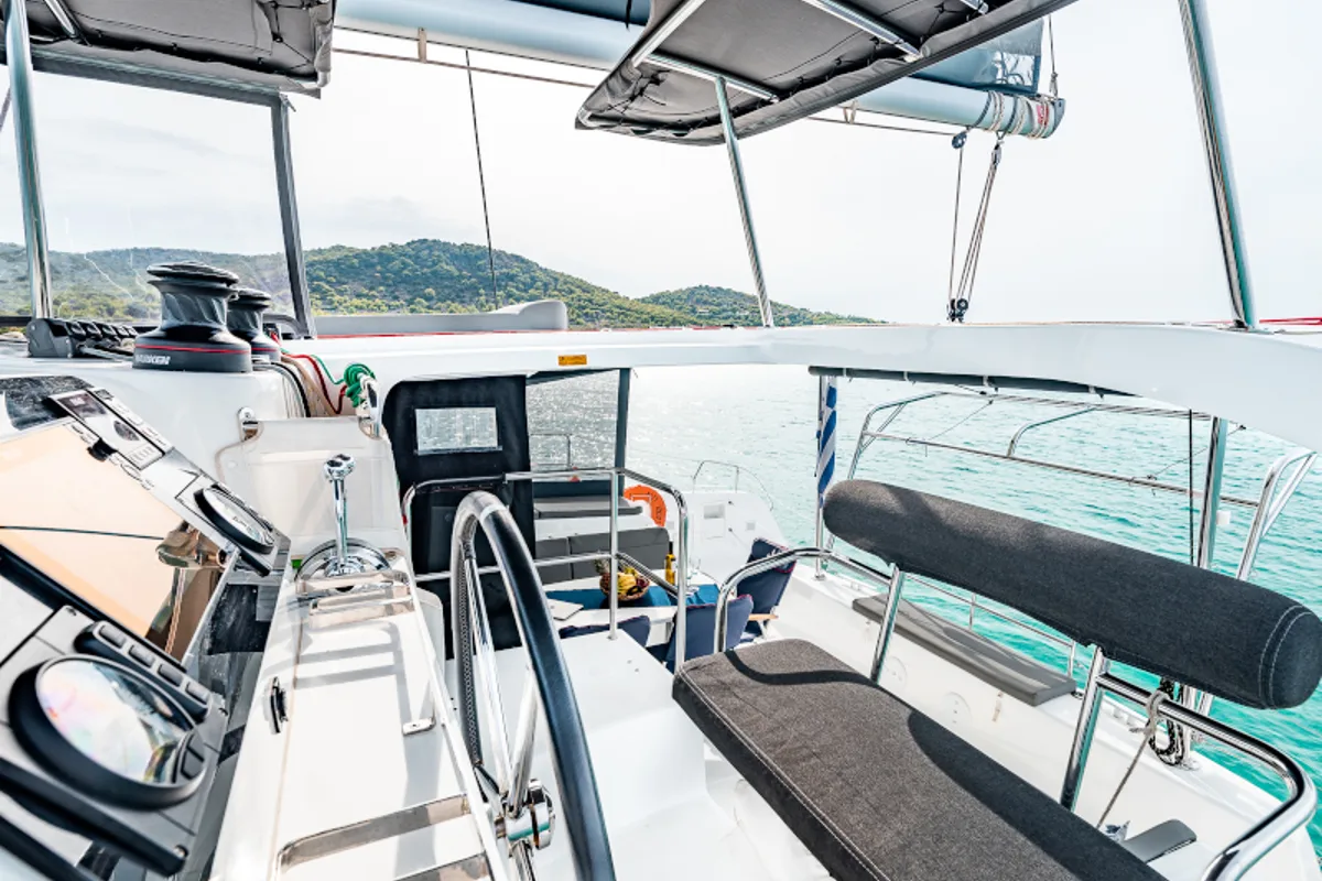 Cockpit of Beauty L A/C-GEN-WATER MAKER-SOLAR-ELEC.WC, a Lagoon 42 catamaran at Athens, Greece