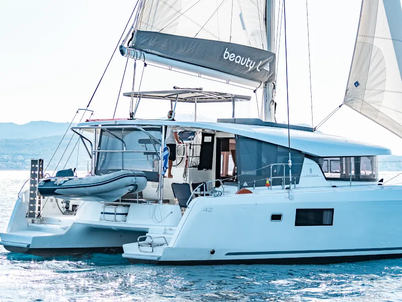 Exterior view of Beauty L A/C-GEN-WATER MAKER-SOLAR-ELEC.WC, a Lagoon 42 catamaran at Athens, Greece