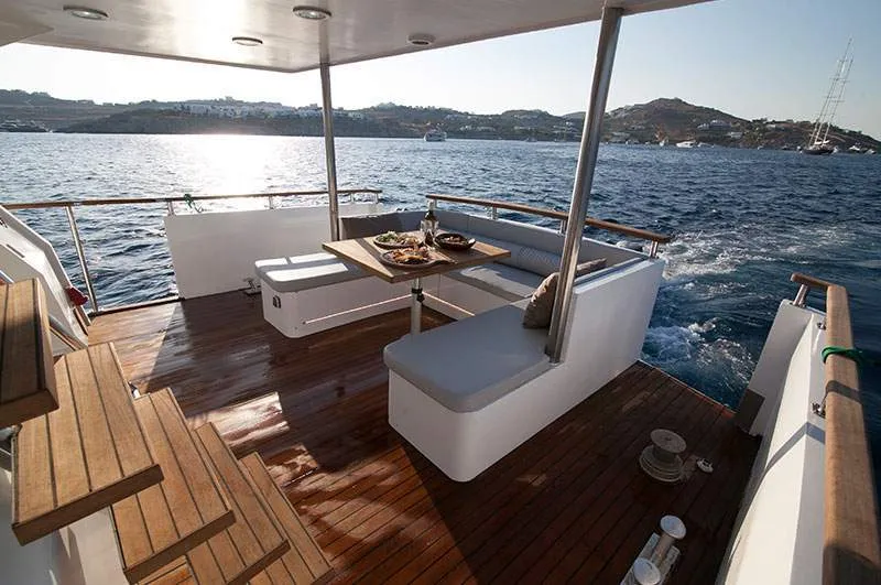 Deck of Maiora, a Gulet Motoryacht motor yacht at Mykonos, Greece