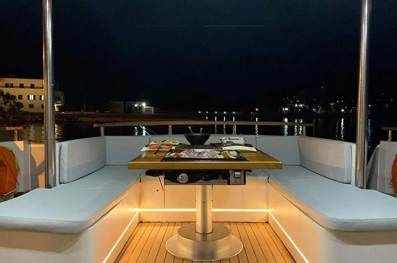 Deck of Maiora, a Gulet Motoryacht motor yacht at Mykonos, Greece