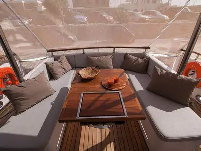 Deck of Maiora, a Gulet Motoryacht motor yacht at Mykonos, Greece