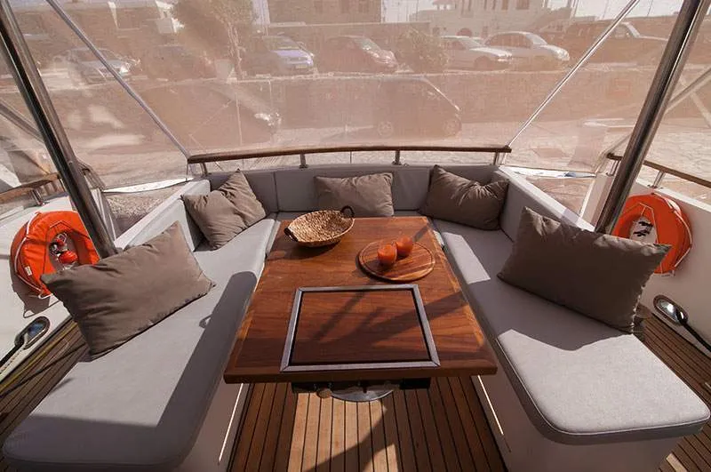 Deck of Maiora, a Gulet Motoryacht motor yacht at Mykonos, Greece