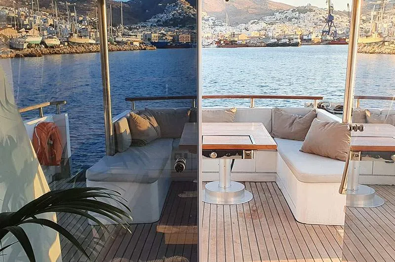 Deck of Maiora, a Gulet Motoryacht motor yacht at Mykonos, Greece