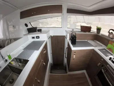 Galley of Blue Navy, a Bali 4.2 catamaran at Municipal Unit of Lefkada, Greece