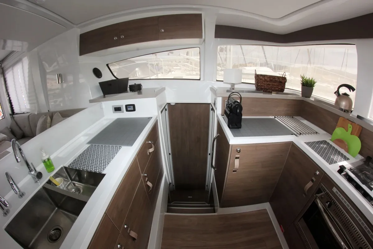 Galley of Blue Navy, a Bali 4.2 catamaran at Municipal Unit of Lefkada, Greece