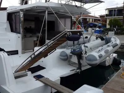 Deck of Blue Navy, a Bali 4.2 catamaran at Municipal Unit of Lefkada, Greece