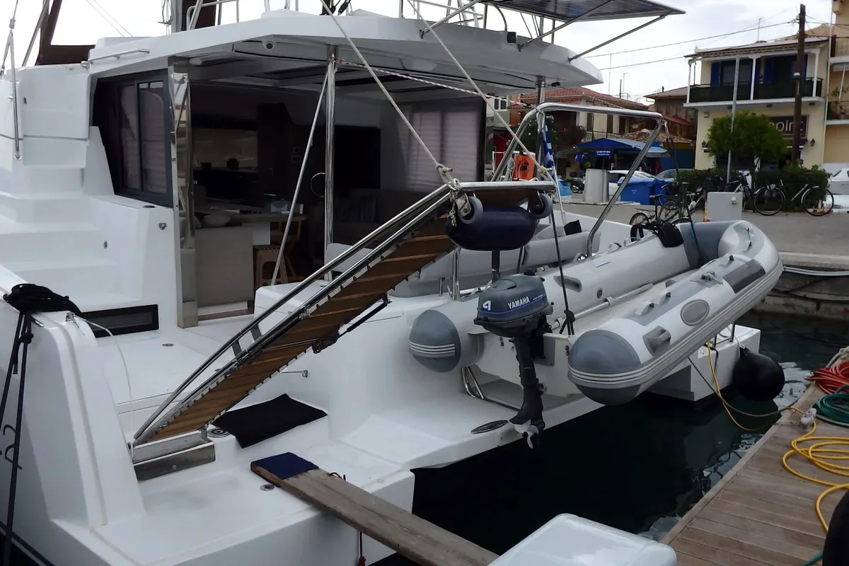 Deck of Blue Navy, a Bali 4.2 catamaran at Municipal Unit of Lefkada, Greece