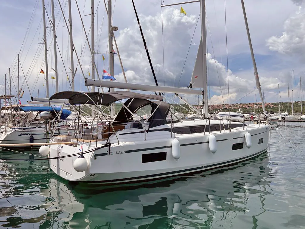 Exterior view of Palma, a Bavaria C42 sailboat at Punat, Croatia
