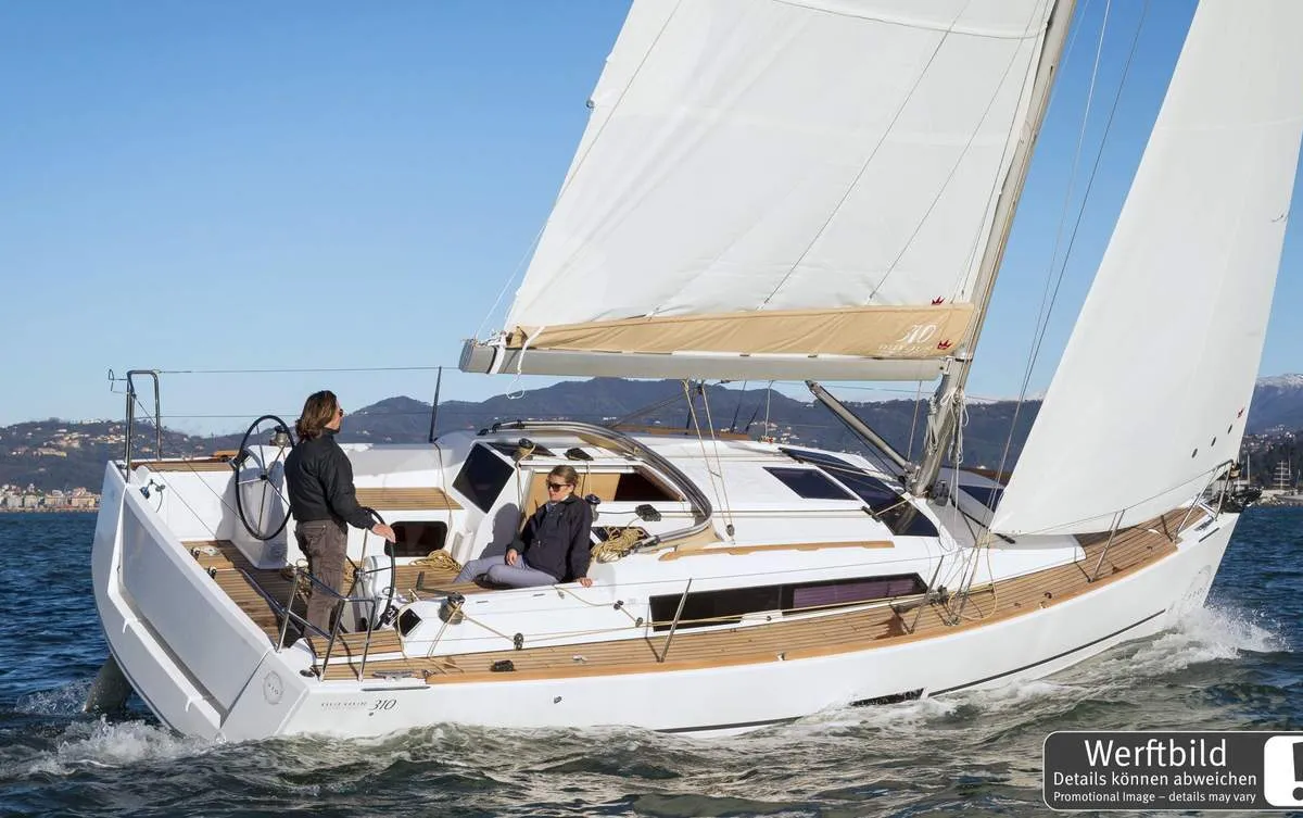 Exterior view of Dudu, a Dufour 310 GL sailboat at Heiligenhafen, Germany