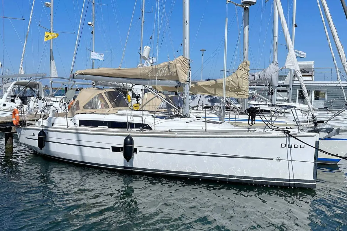 Exterior view of Dudu, a Dufour 310 GL sailboat at Heiligenhafen, Germany