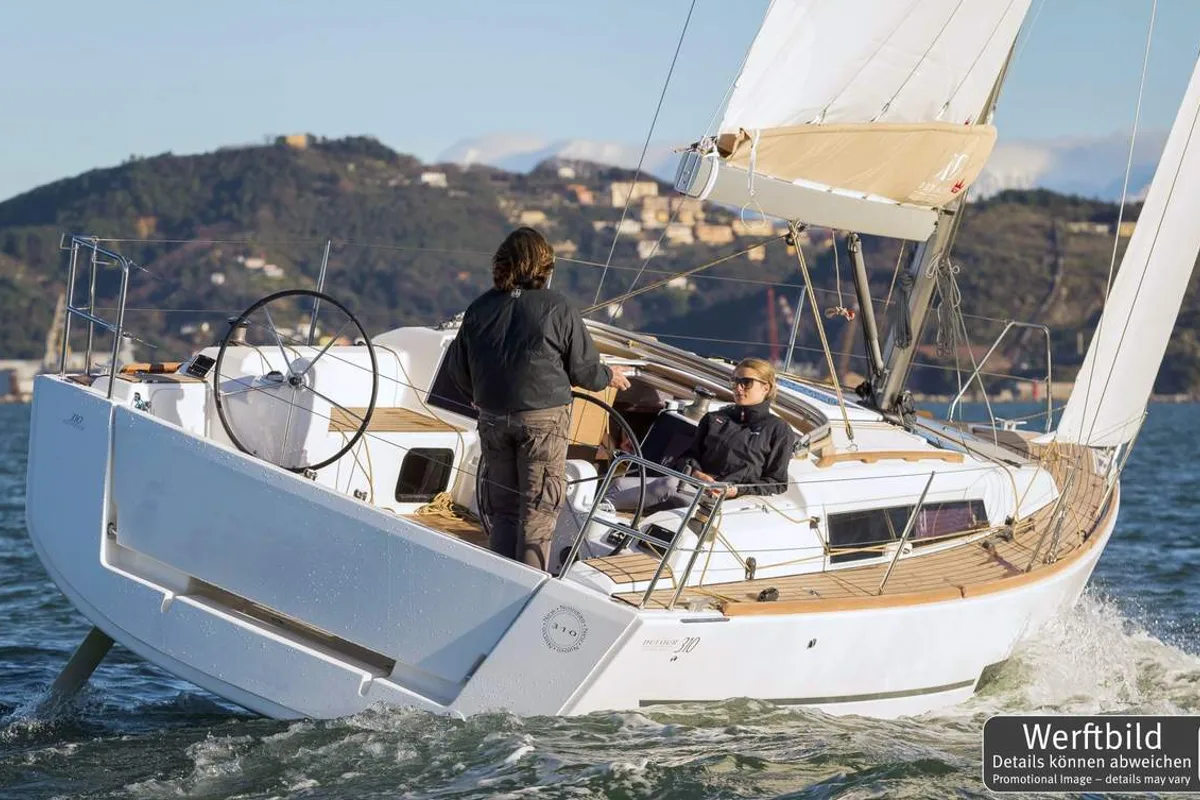 Exterior view of Dudu, a Dufour 310 GL sailboat at Heiligenhafen, Germany