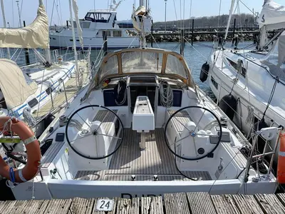 Deck of Dudu, a Dufour 310 GL sailboat at Heiligenhafen, Germany