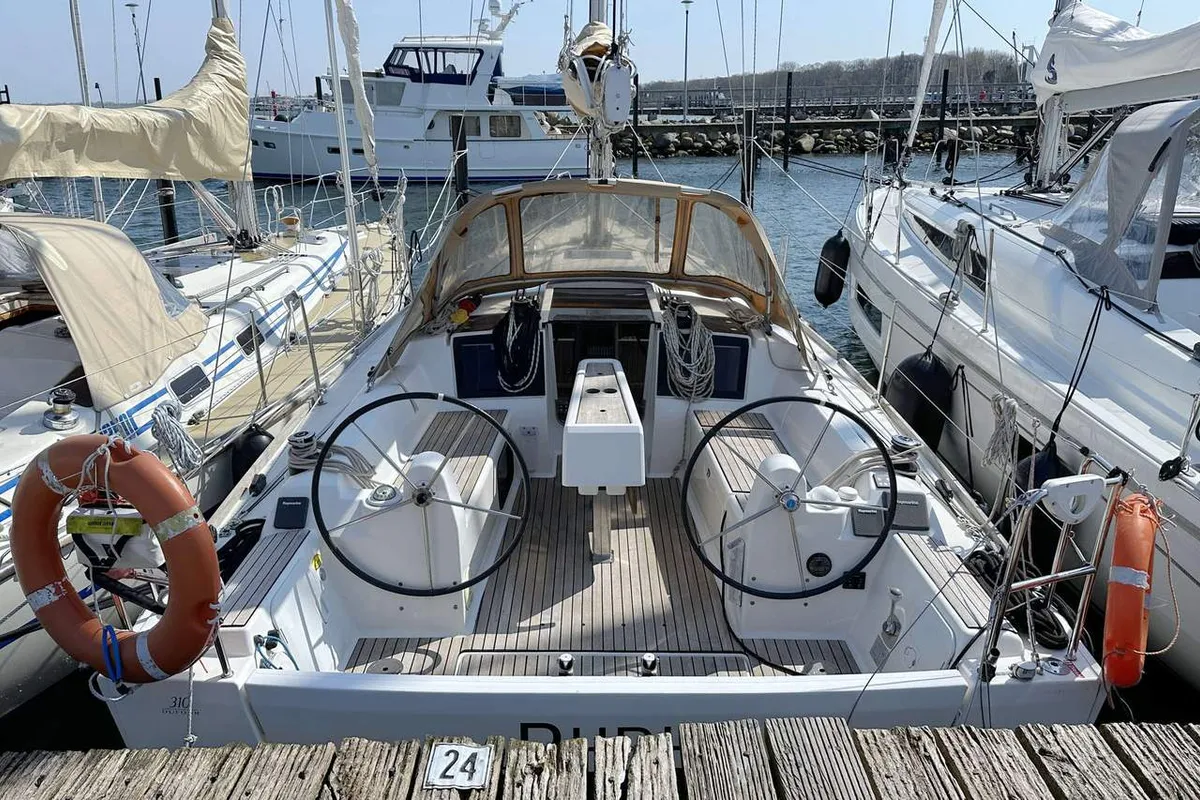Deck of Dudu, a Dufour 310 GL sailboat at Heiligenhafen, Germany