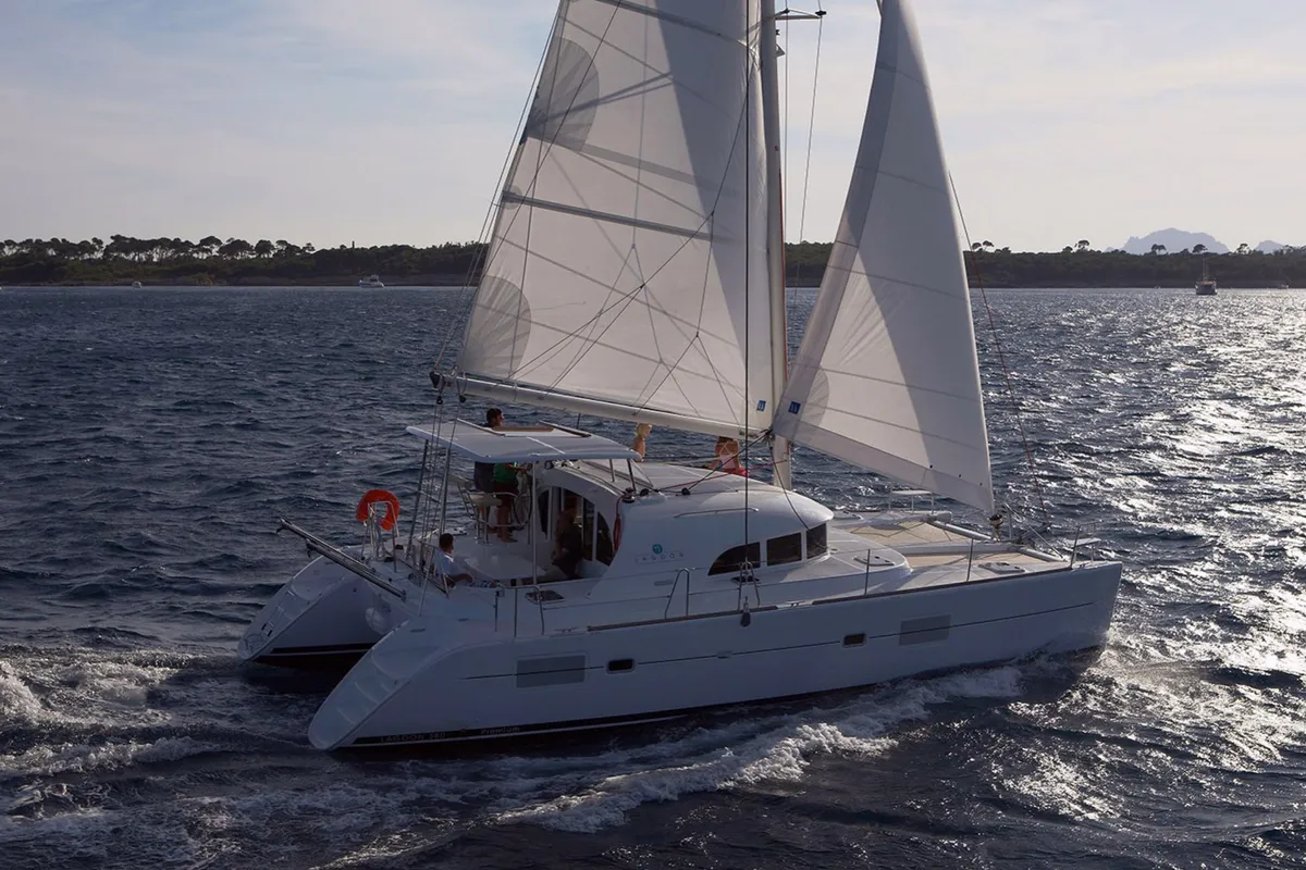 Exterior view of Poe Vai, a Lagoon 380 S2 catamaran at Papeete, France