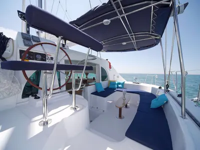 Cockpit of Poe Vai, a Lagoon 380 S2 catamaran at Papeete, France