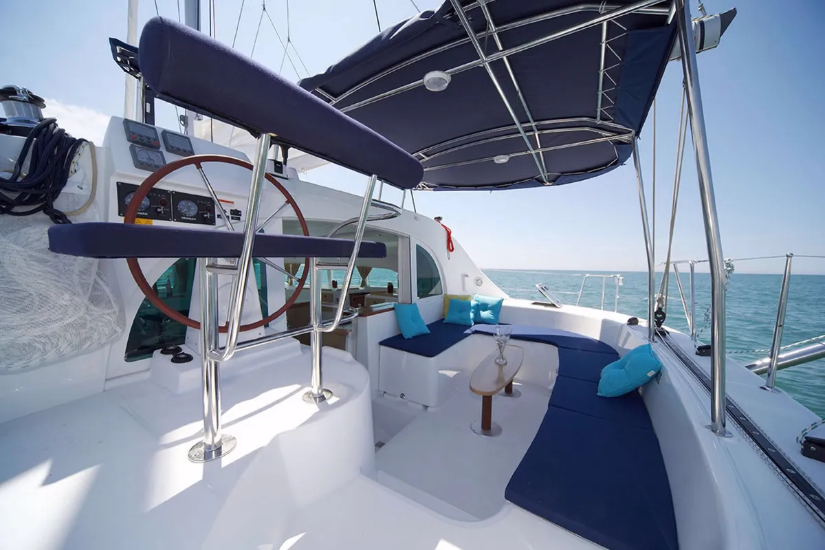 Cockpit of Poe Vai, a Lagoon 380 S2 catamaran at Papeete, France